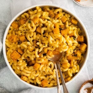 pumpkin mac and cheese in bowl.