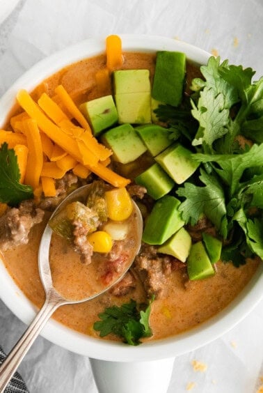 taco soup in bowl.