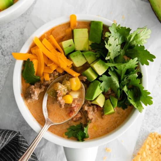 taco soup in bowl.