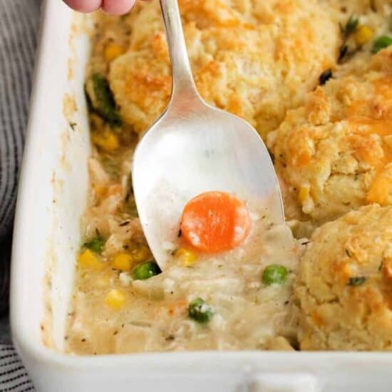 chicken pot pie in casserole dish.