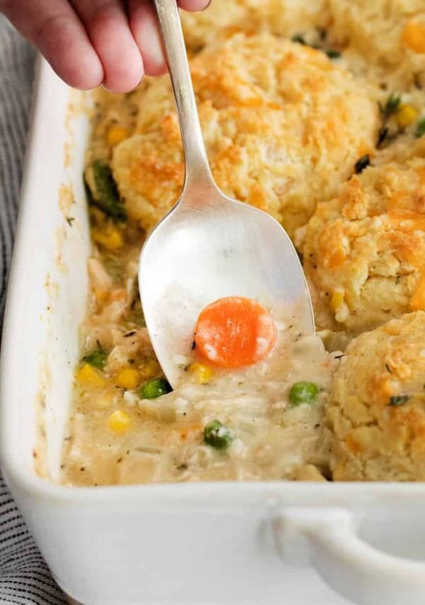 chicken pot pie in casserole dish.