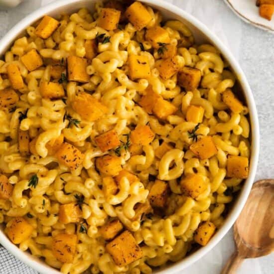 pumpkin mac and cheese in serving bowl.