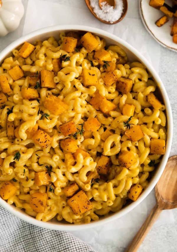 pumpkin mac and cheese in serving bowl.