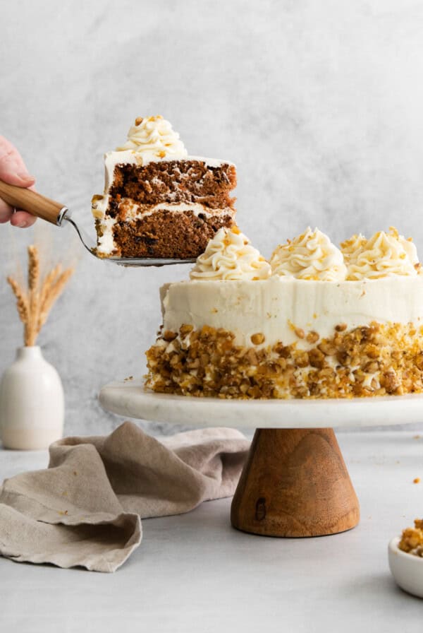 Carrot cake on a plate.