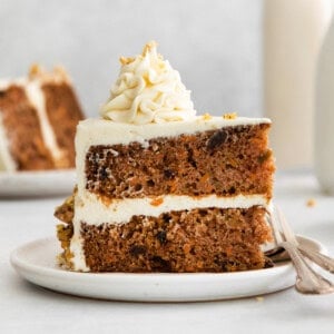 Carrot cake on a plate.