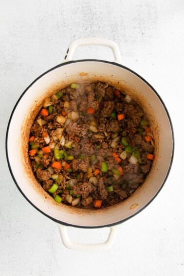 beef stew in a pot on a white background.