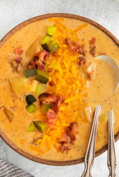 a bowl of cheesy chowder with cheese and bacon.