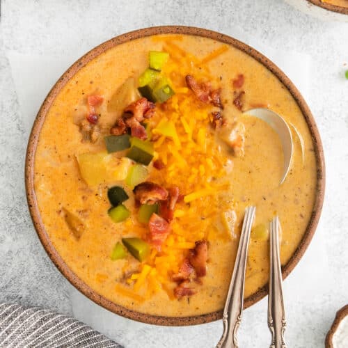 a bowl of cheesy chowder with cheese and bacon.