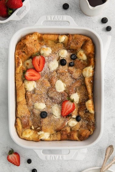 french toast bake in casserole dish.
