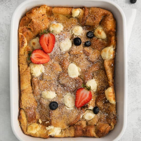 french toast bake in casserole dish.