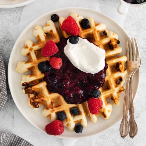 Cheesecake Stuffed Waffles with Berry Syrup - A Duck's Oven