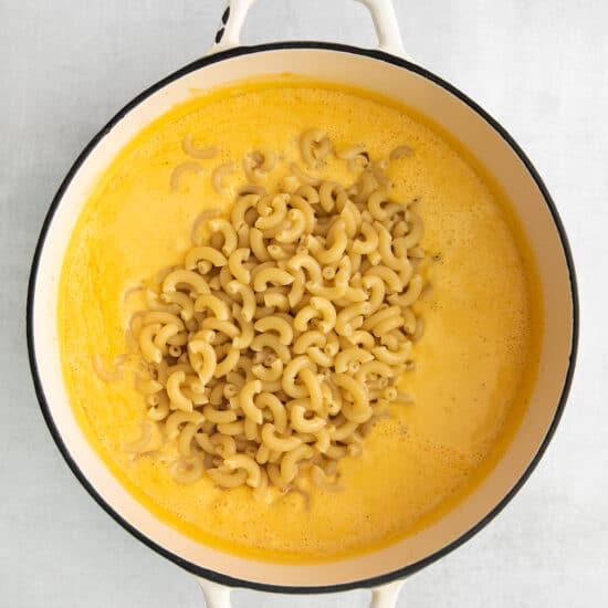 macaroni and cheese in a pot on a white background.