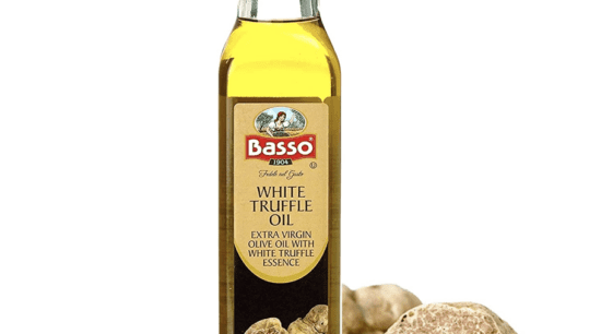 White truffle oil in a bottle.