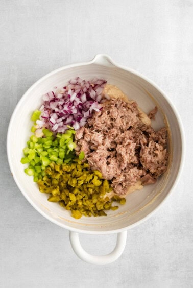 tuna and veggies in bowl.
