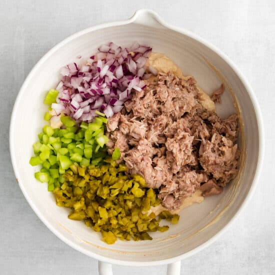 tuna and veggies in bowl.