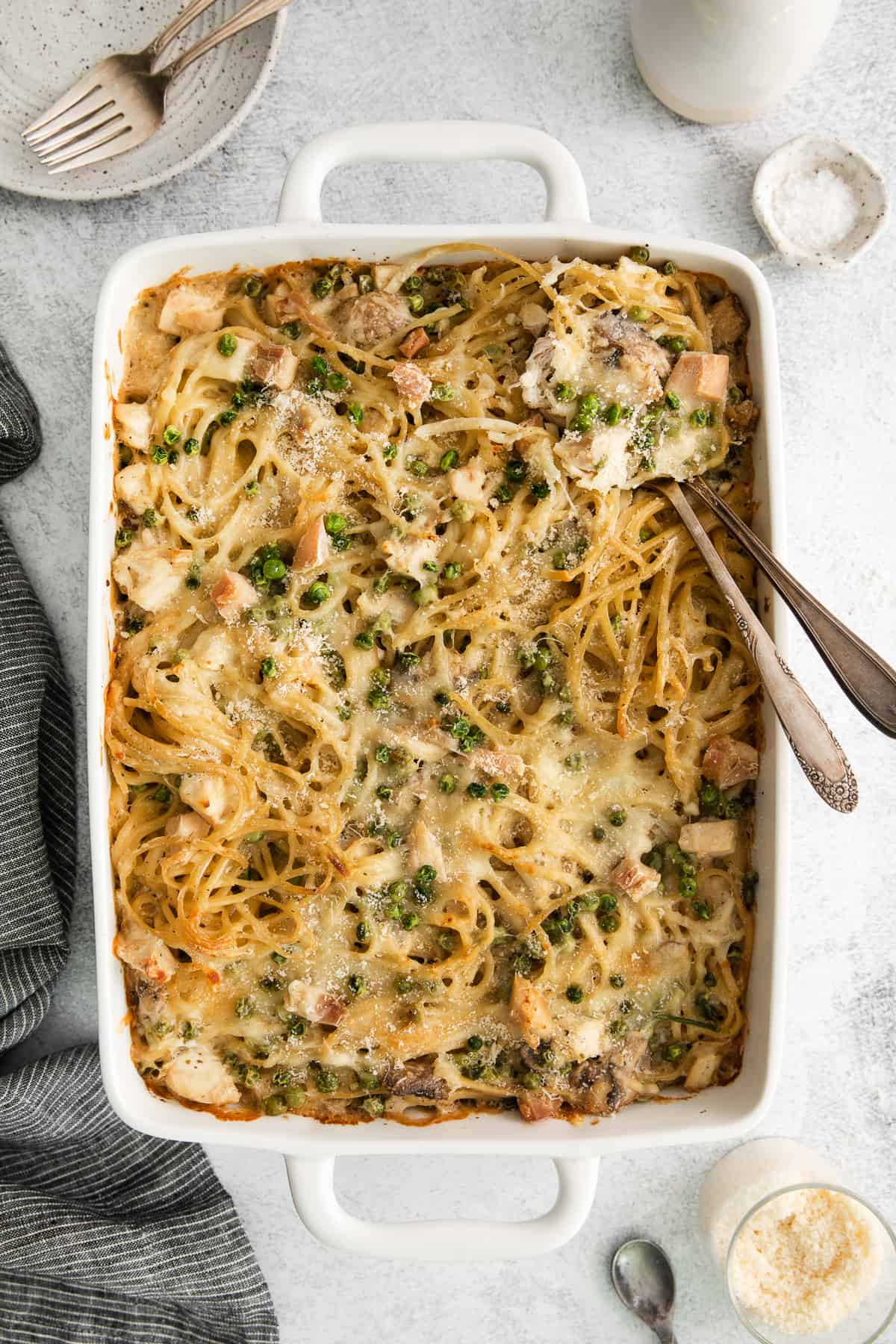 turkey tetrazzini in casserole dish.