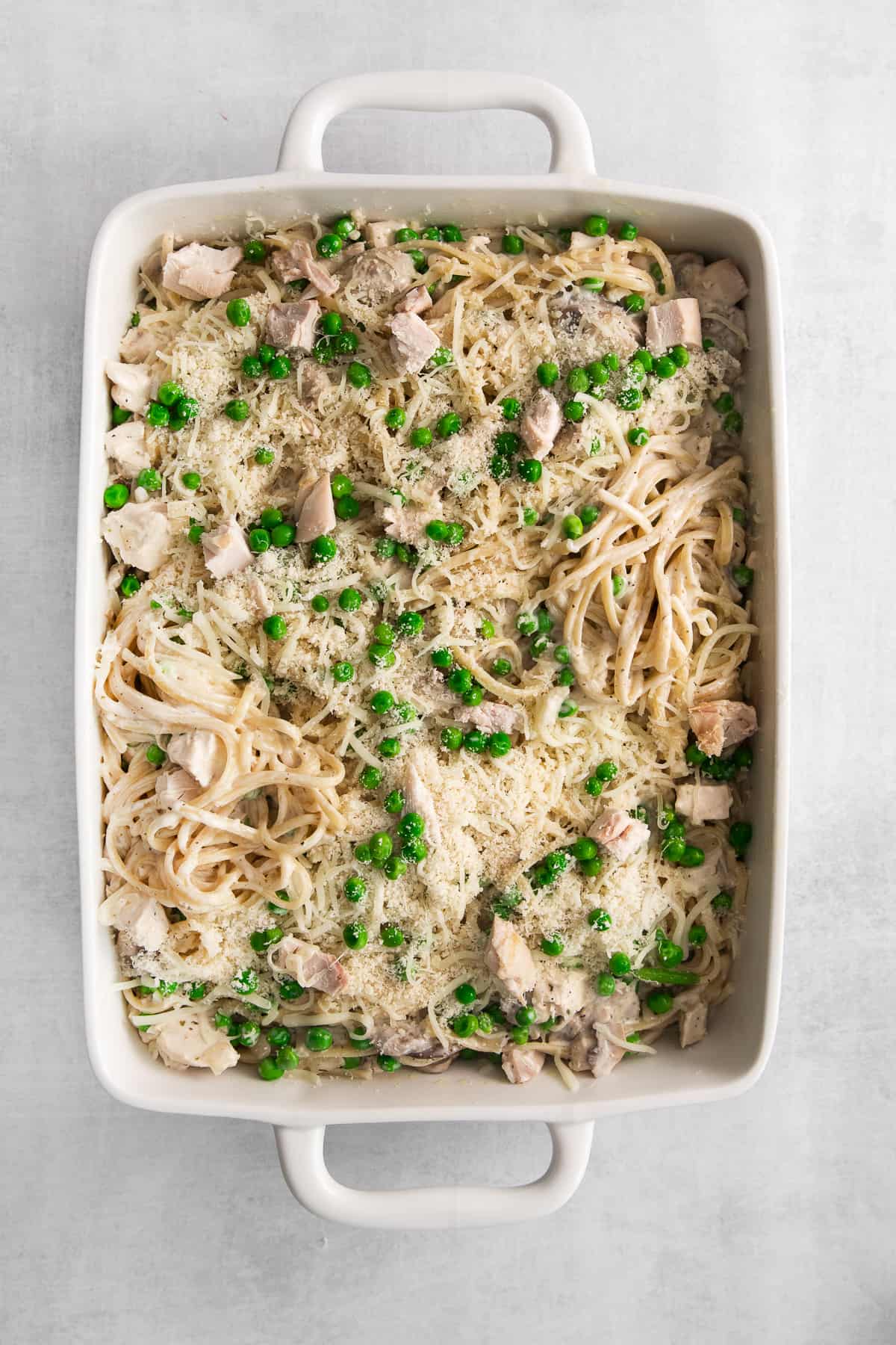 uncooked tetrazzini in dish.