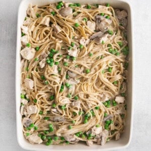 turkey tetrazzini in dish.