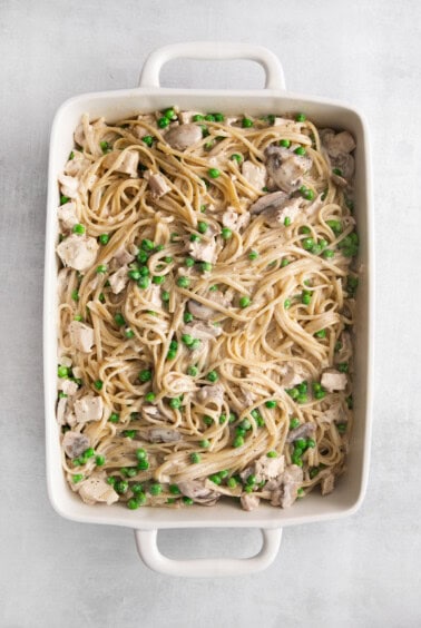 turkey tetrazzini in dish.