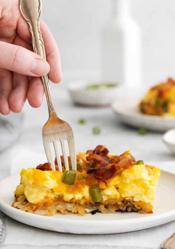 Slice of breakfast pizza on a plate.