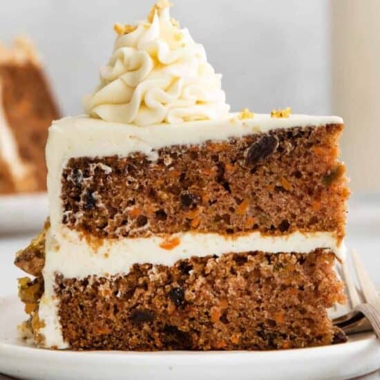 Carrot cake on a plate.