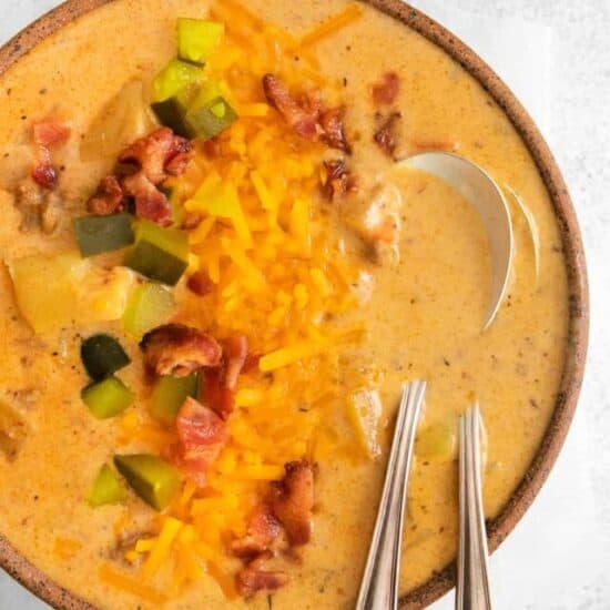 a bowl of cheeseburger soup