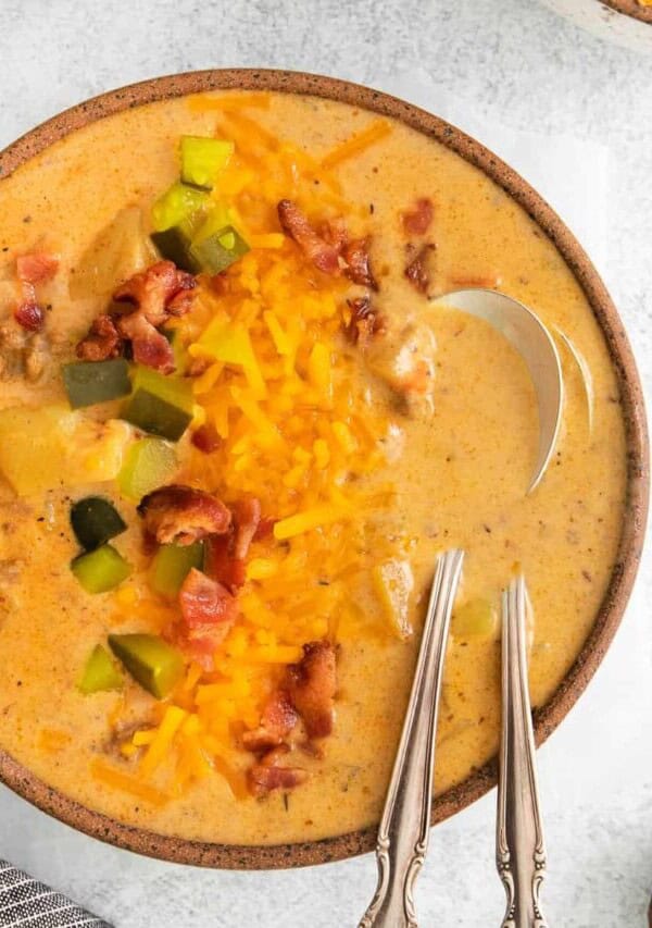 a bowl of cheeseburger soup