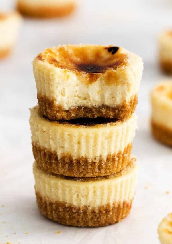 A stack of creme brulee cheesecakes.