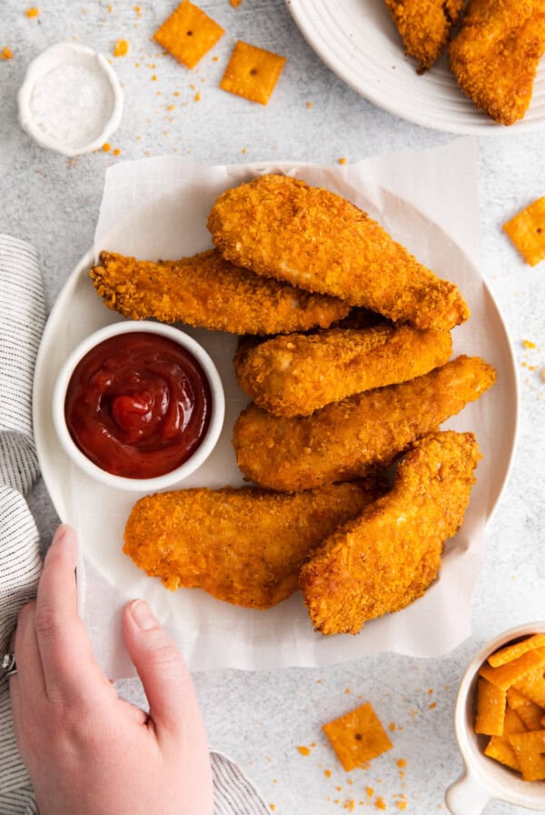 Cheez it breaded chicken fingers.