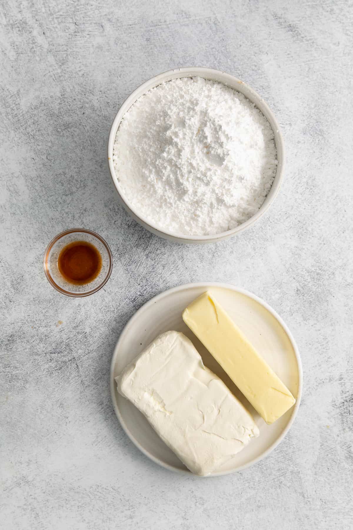 Ingredients for cream cheese buttercream frosting.