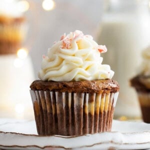 Chocolate cupcake on a plate.