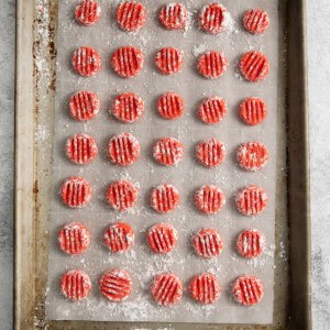 cream cheese mints on baking sheet.