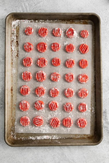 cream cheese mints on baking sheet.