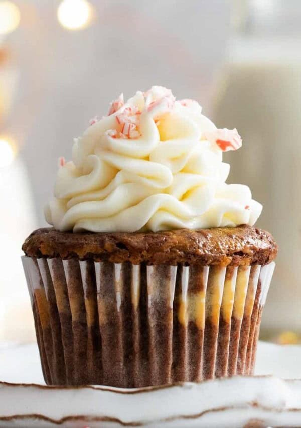 Chocolate cupcake on a plate.