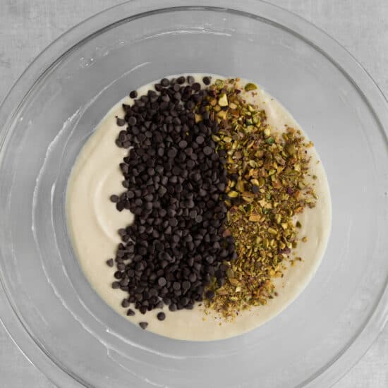 Cannoli dip with chocolate chips and pistachios on top.