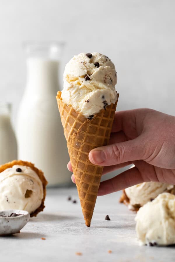 Cannoli ice cream in a cone.