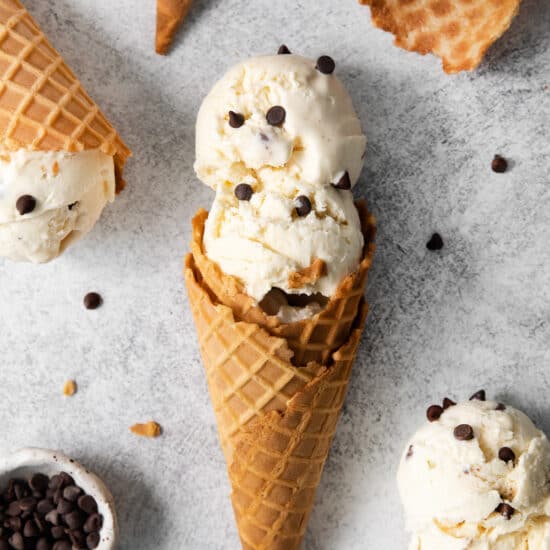 Cannoli ice cream in a cone.