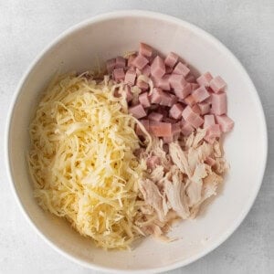 ham and cheese in a bowl on a white surface.