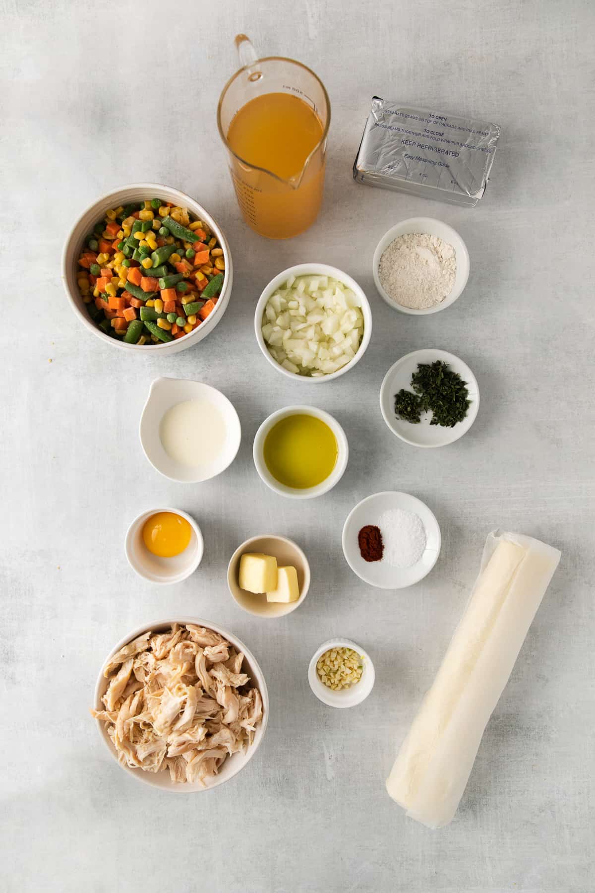 Ingredients for chicken pot pie casserole.