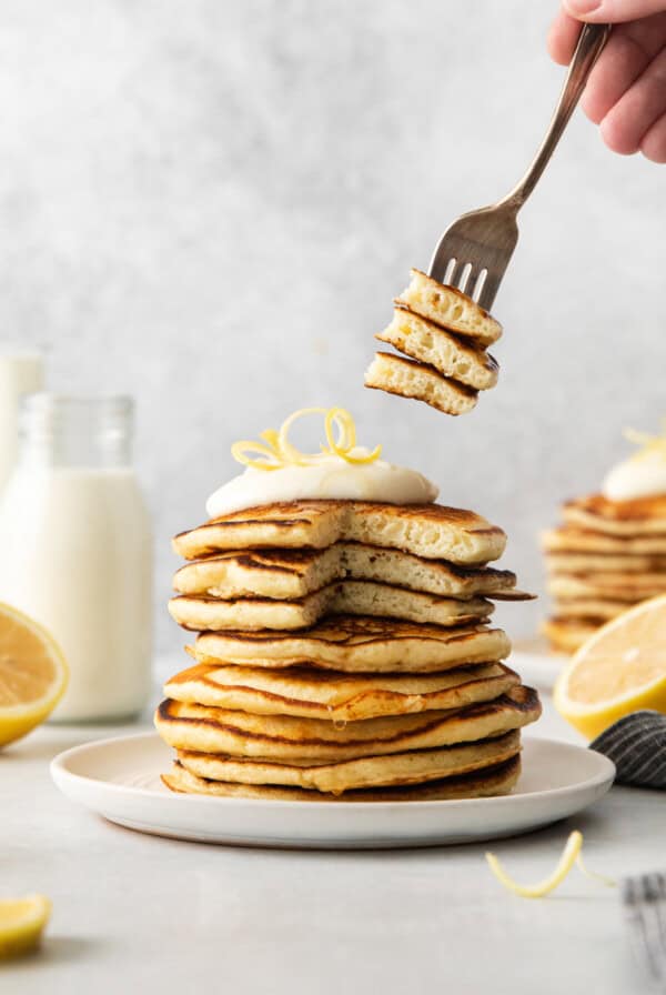 Lemon ricotta pancakes on a plate.