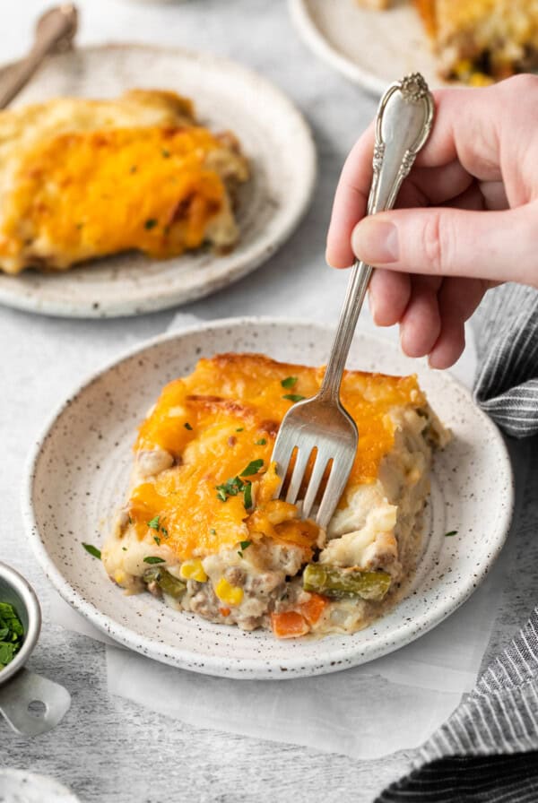 Cheesy shepherd's pie on a plate.