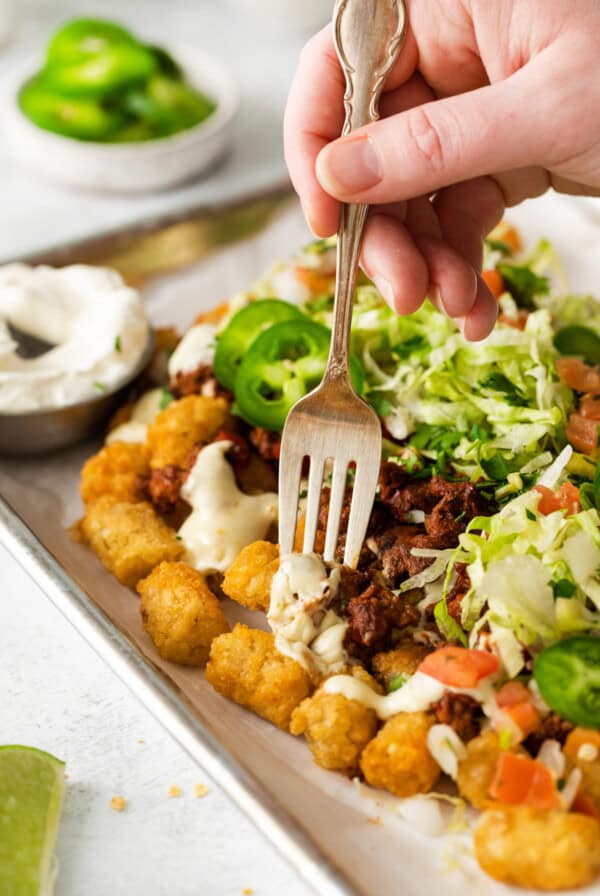 Totchos on a fork.