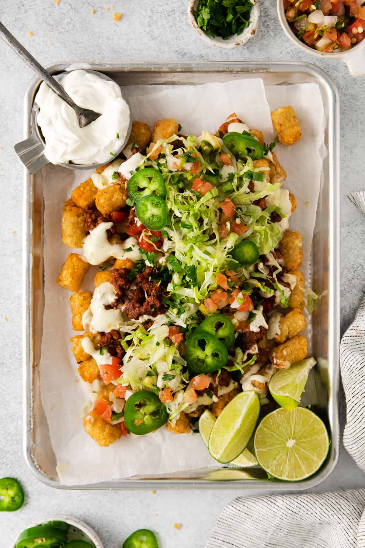 Totchos topped with nacho fixings.