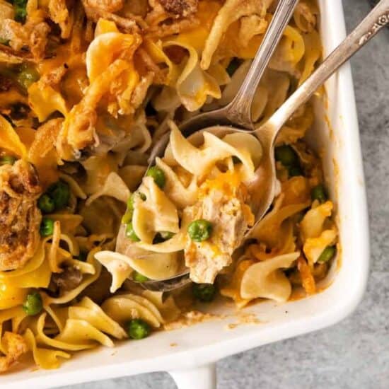 Tuna noodle casserole on a spoon.