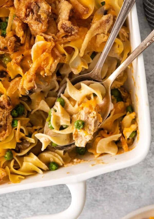 Tuna noodle casserole on a spoon.