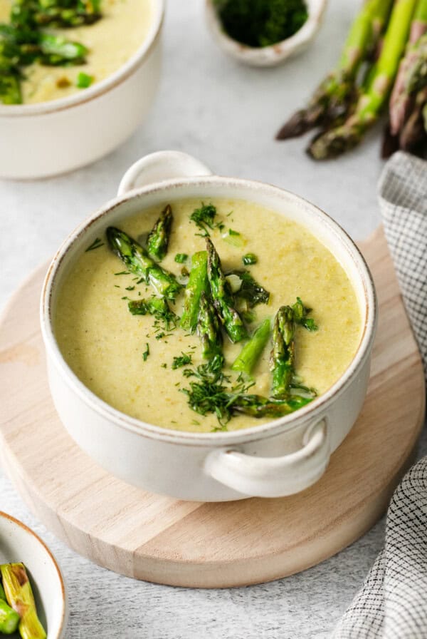 Cream of asparagus soup in a bowl.