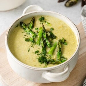 Cream of asparagus soup in a bowl.