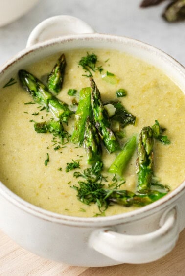 Cream of asparagus soup in a bowl.