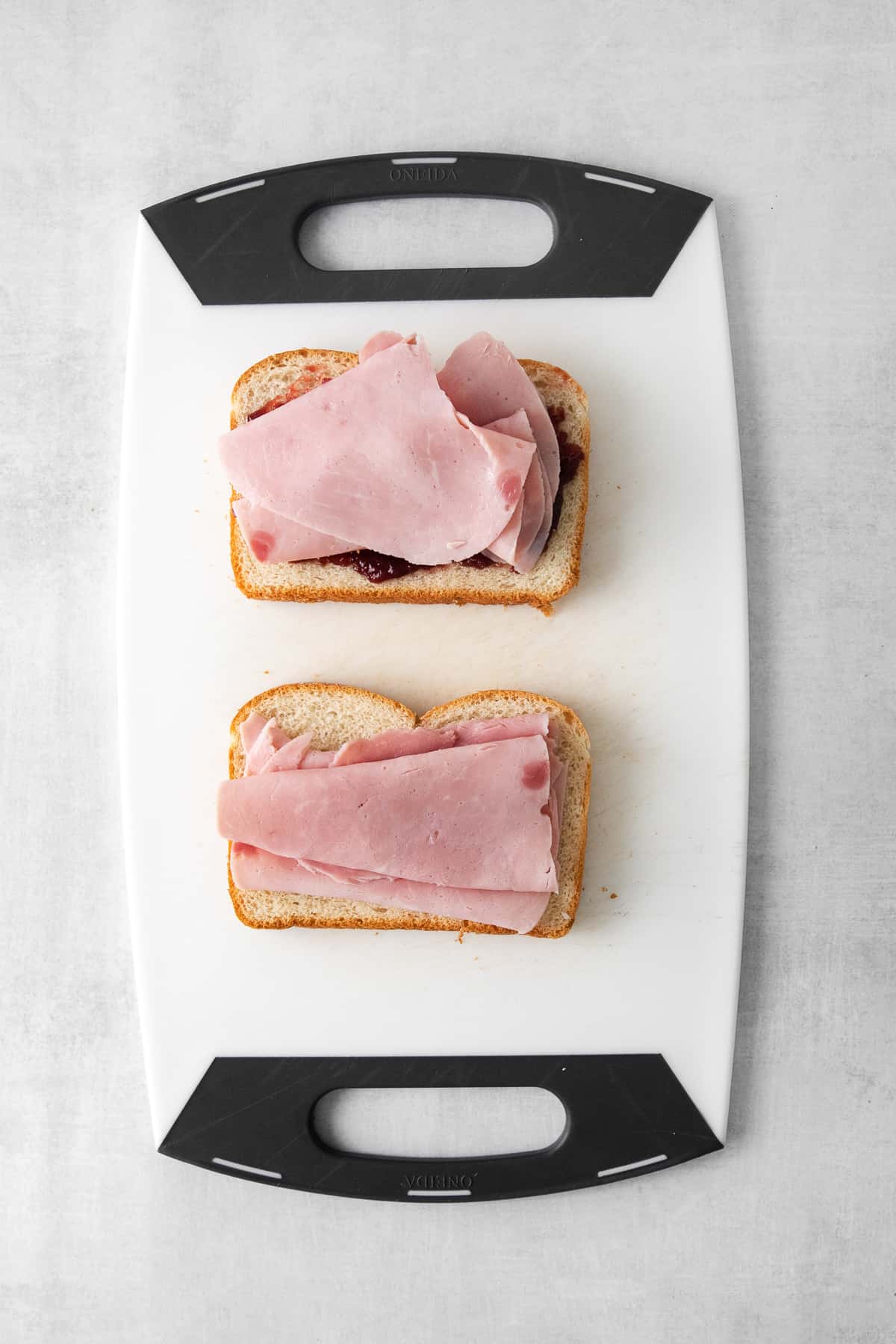 Slices of ham on bread.