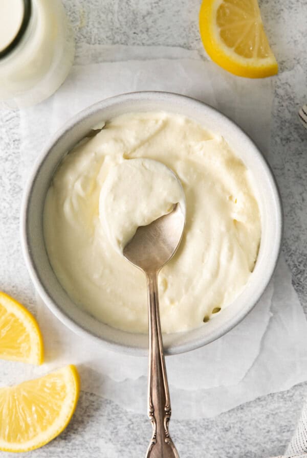 Homemade mascarpone cheese in a bowl.